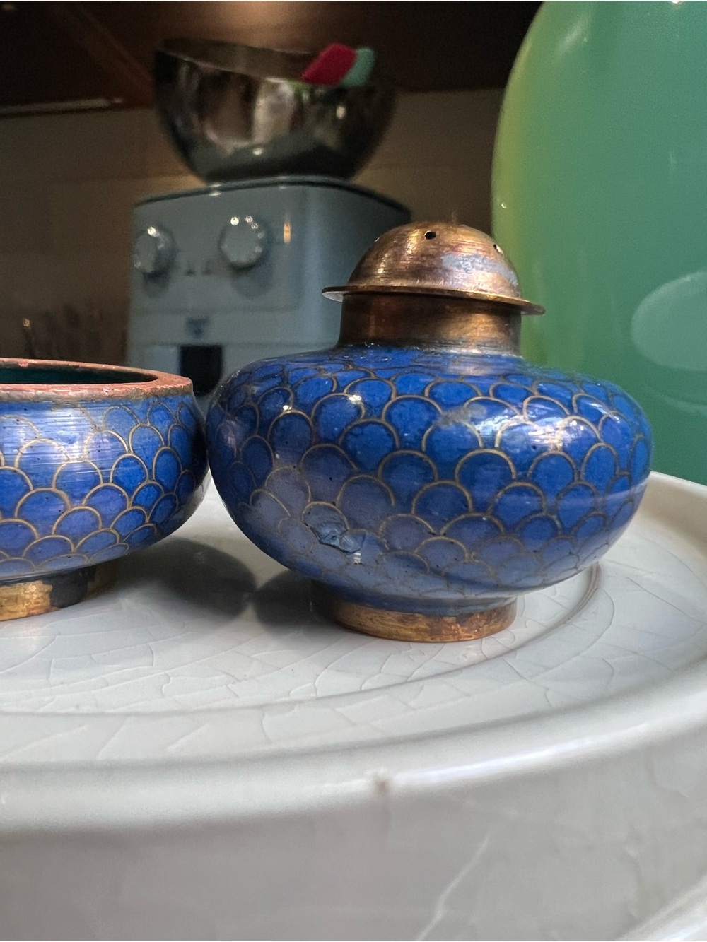 Antique Blue Cloisonné Salt and Pepper Set super costly on other sites!